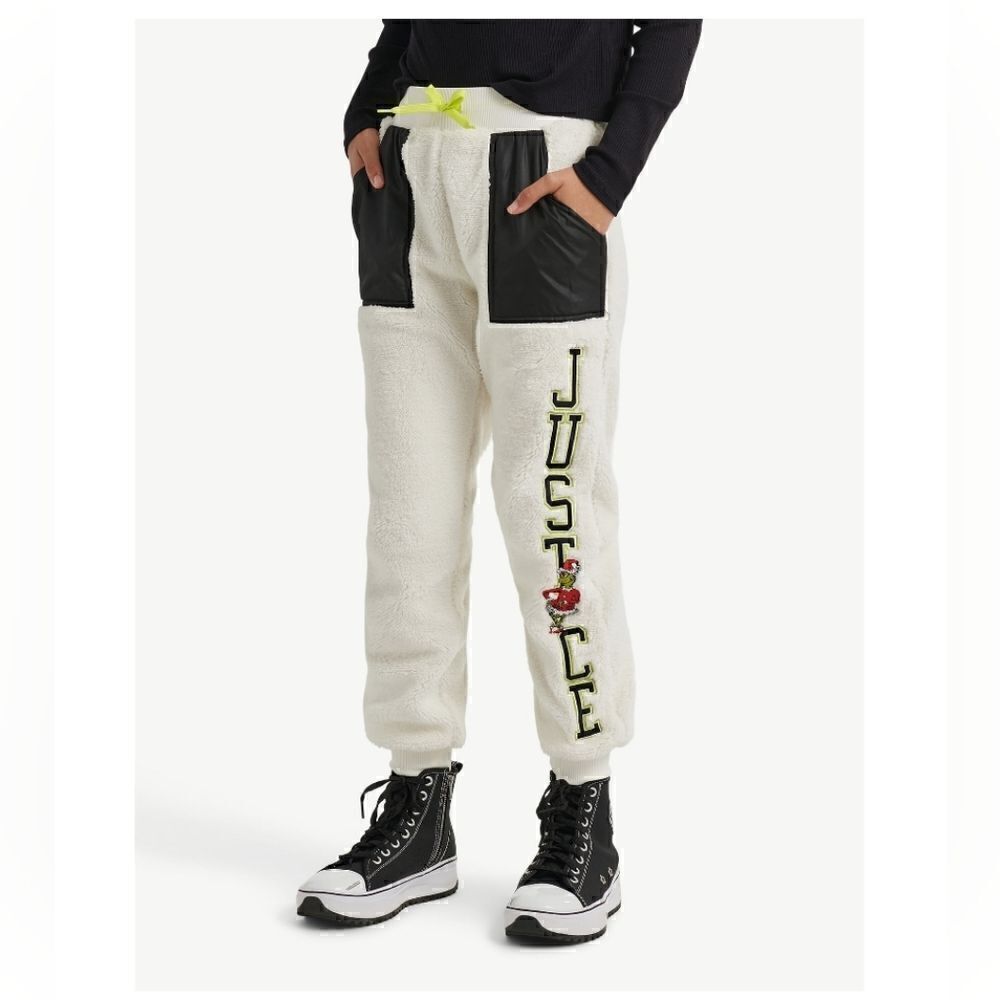 New Girls Justice The Grinch Joggers White Sherpa Christmas